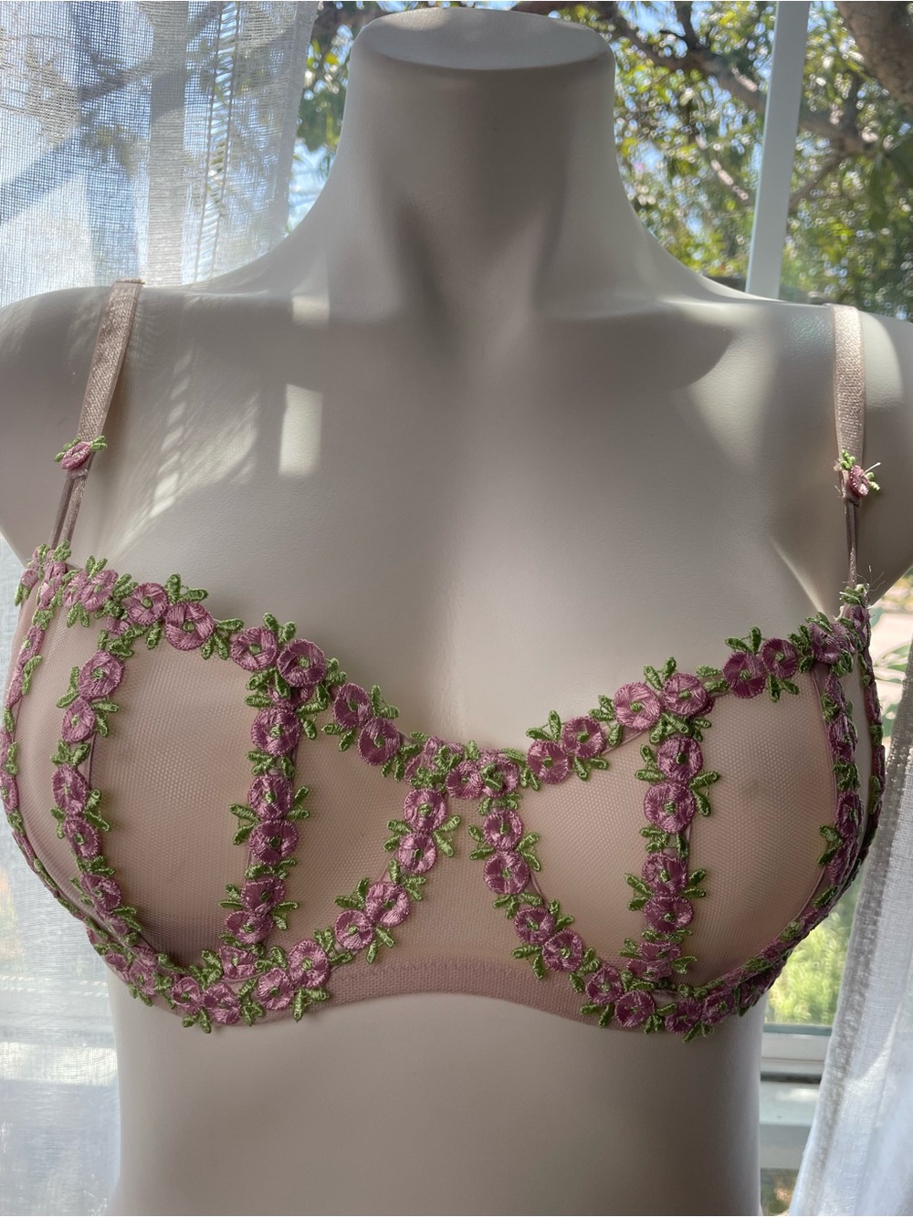 Victoria's Secret Nude Sheer Balconette Bra with Pink & Green Floral Embroidery